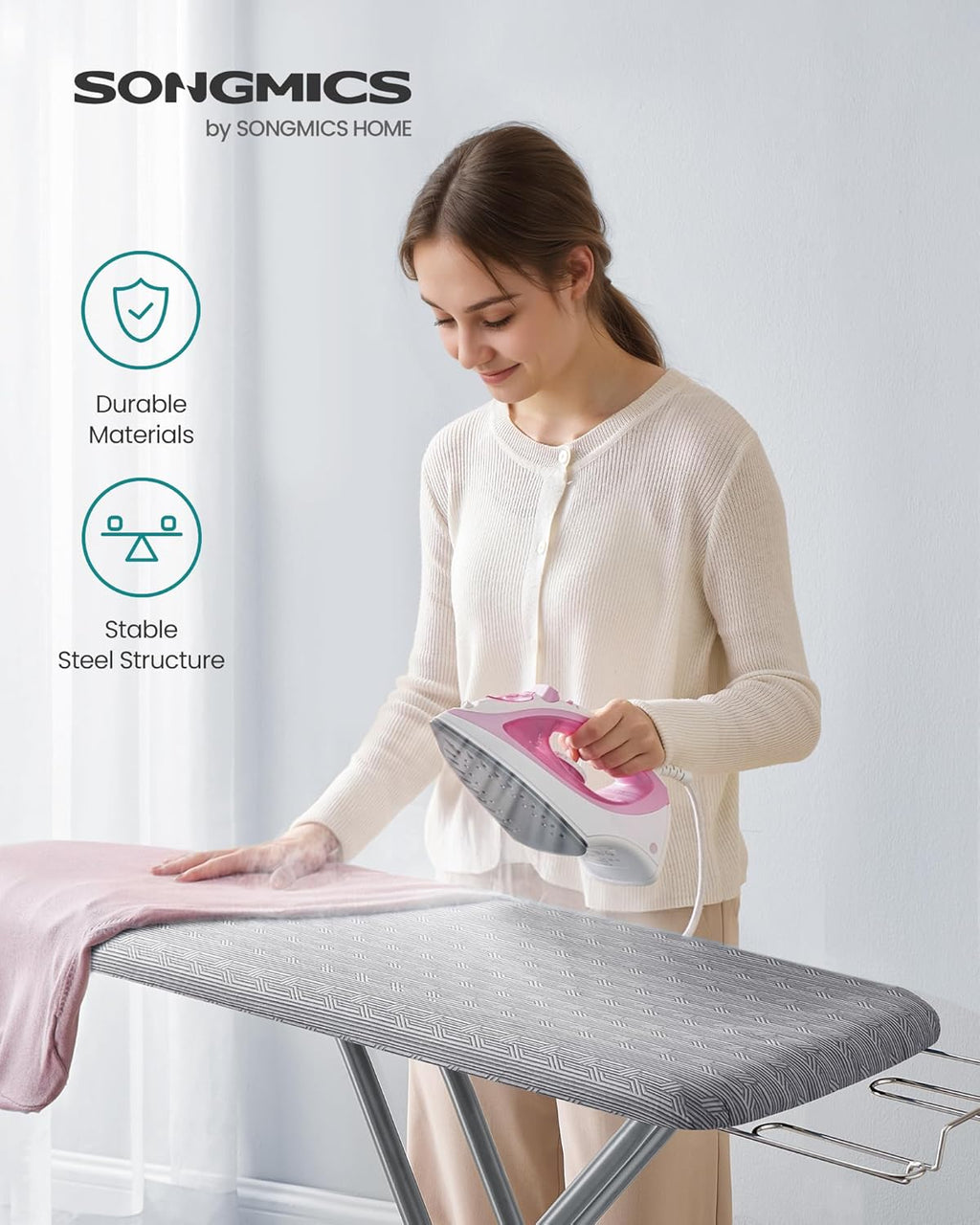 SONGMICS Ironing Board - Foldable & Height Adjustable Up to 35 Inches | 4-Layer Cover & Pad, Dove Gray