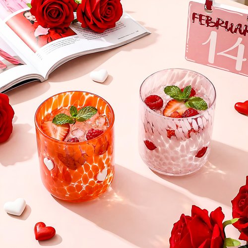 Willinglong 2 Pcs Valentine's Day Icon Juice Glass 16 Ounce Heart and Lip Themed Drinking Cocktails Glasses for Party, Pink Red Cute Double Old Fashioned Reusable Cups for Home Bar Decor Lovely Gift