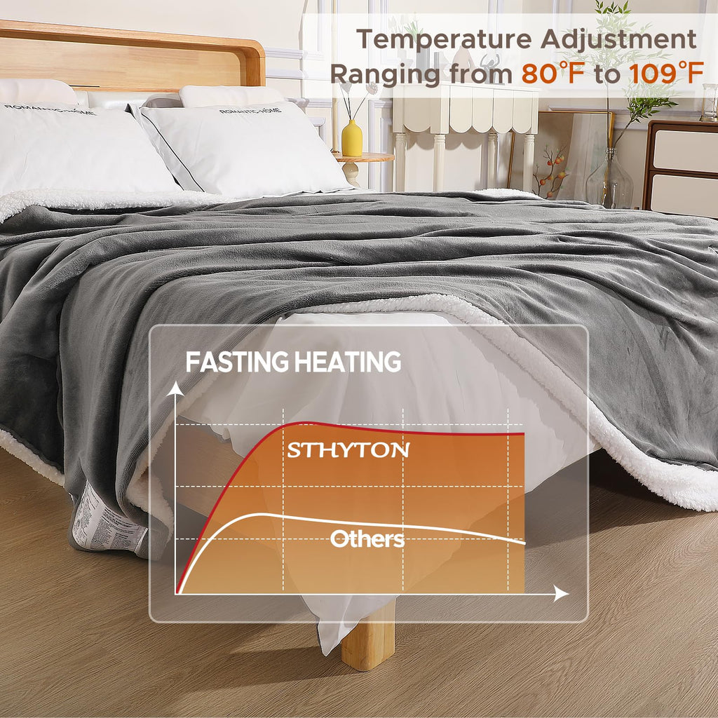 STHYTON Heated Blanket 72"x84" Full Size, Dual-Sided with Soft Flannel & Sherpa Fabric, Electric Blanket with 9 Heating Levels & 2-10 Hours Auto Off, Machine Washable, Light Gray