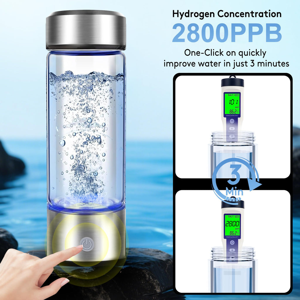 Hydrogen Water Bottle, 2800PPB in 3Min, SPE PEM Tech, Portable 16OZ, Rechargeable Hydrogen Water Bottle for Travel, Home, Office – Gift for Family & Friends (XR-15)