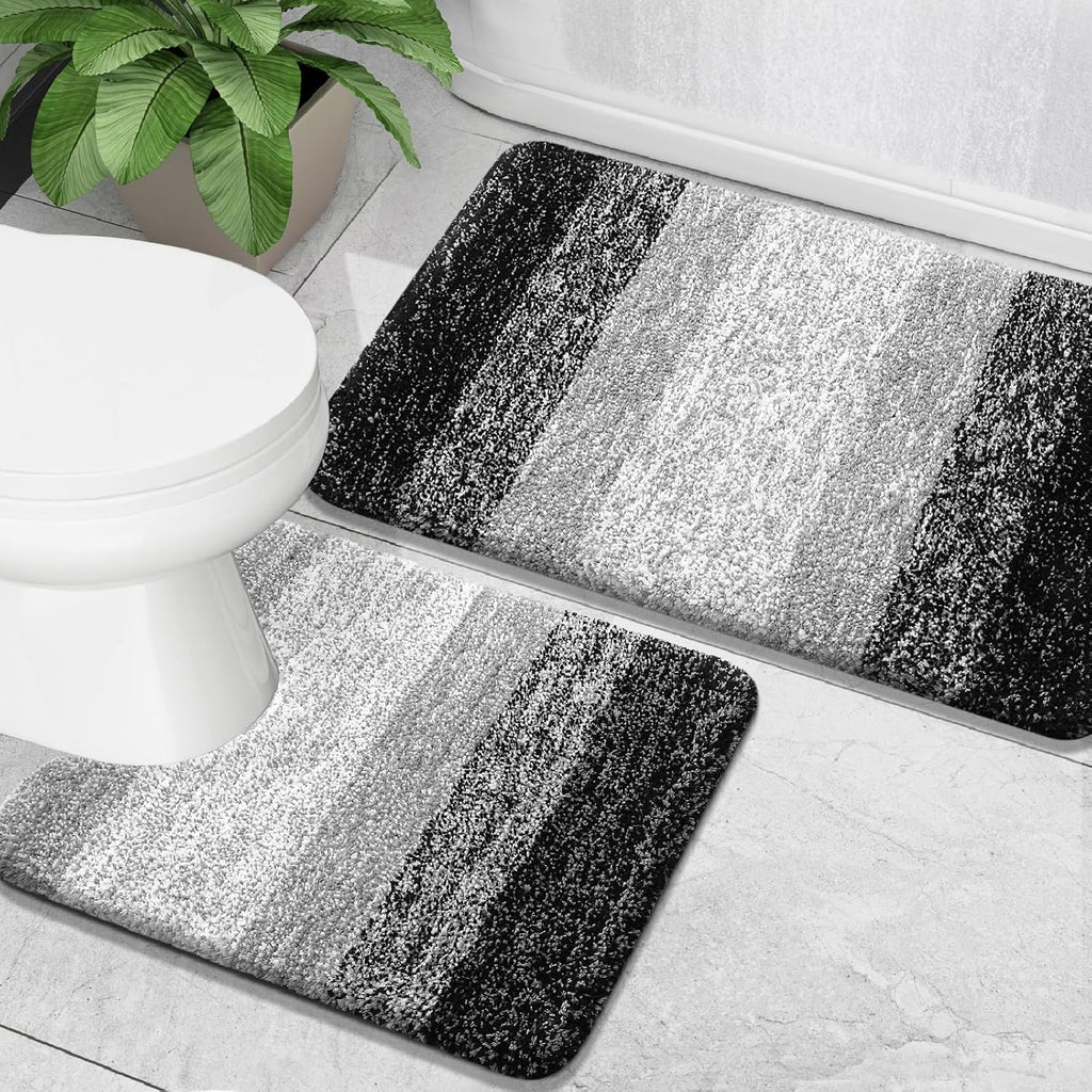 OLANLY Bathroom Rug Set - Soft Absorbent Microfiber Mats | Non-Slip U-Shaped Contour Toilet Rug (Black, 2-Piece)