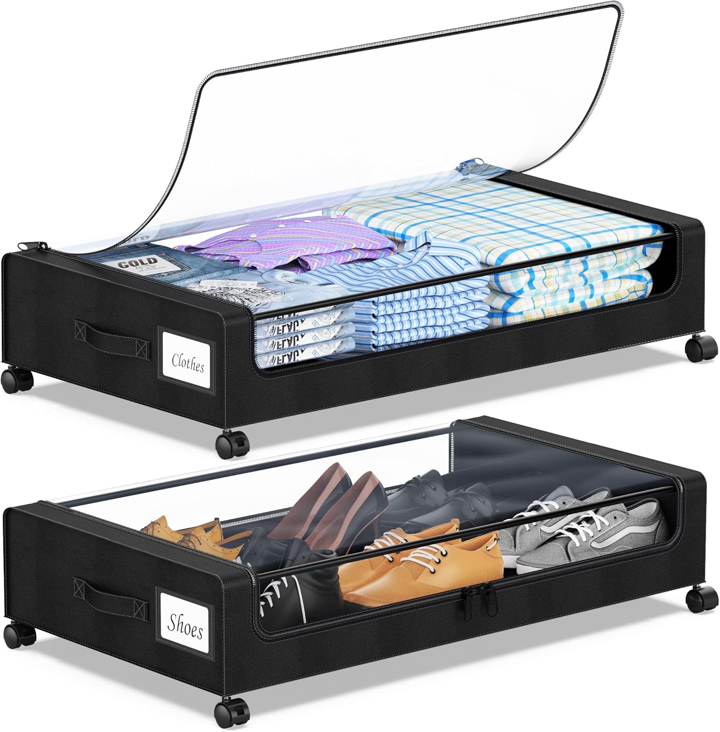 YAASHEEN Under Bed Storage Bins - 2-Pack XXL 60L Rolling Containers with Clear Lids for Clothes, Shoes, Toys - Black
