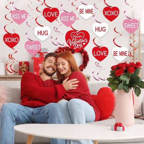 30 PCS Hearts Hanging Swirls Decoration Pre-Strung Valentines Day Hanging Decorations Conversation Hearts Ceiling Streamers for Valentines Day Party Home Decor