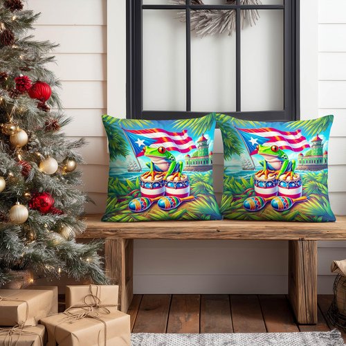 HOMETITUTE Set of 2 Puerto Rico Throw Pillow Covers 18x18 Inch Soft Decorative Coqui Frog Flag Drum Maracas Cushion Covers Tropical Island Culture Pillow Cases for Sofa Couch Bed Home Decor