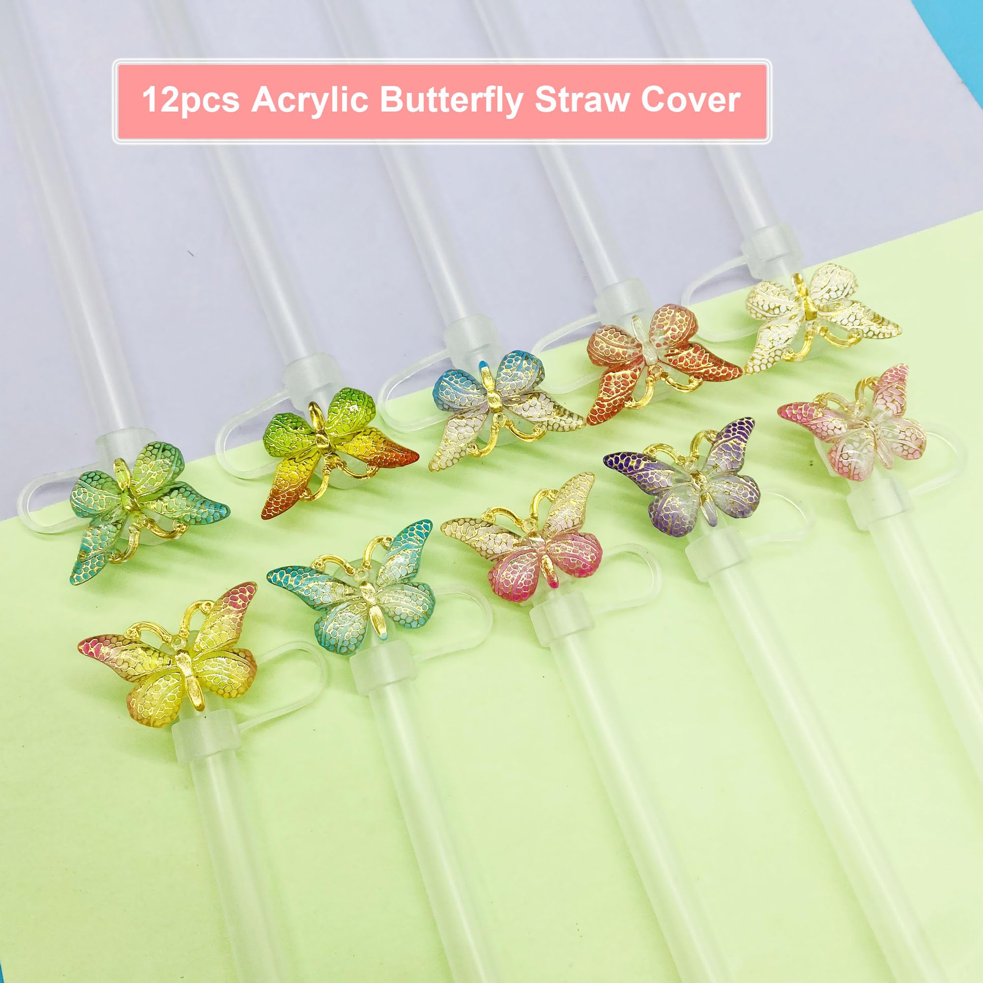 Butterfly Straw Toppers, 12 Pcs Butterfly Straw Cover size 8-10 mm For Stanley Cup 30oz/ 40oz Tumbles, Butterfly Straw Covers Cap Cute Straw Caps for Stanley Cup Keeping Dust