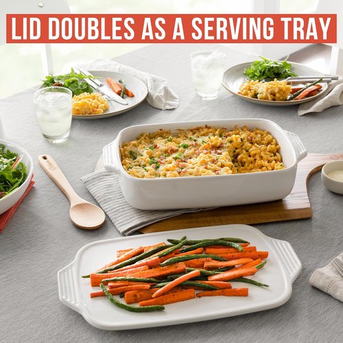 Chef Pomodoro Casserole Dish - 15.5" x 9.3" White Ceramic Baking Dish with Lid | Ideal for Lasagna & Roasting