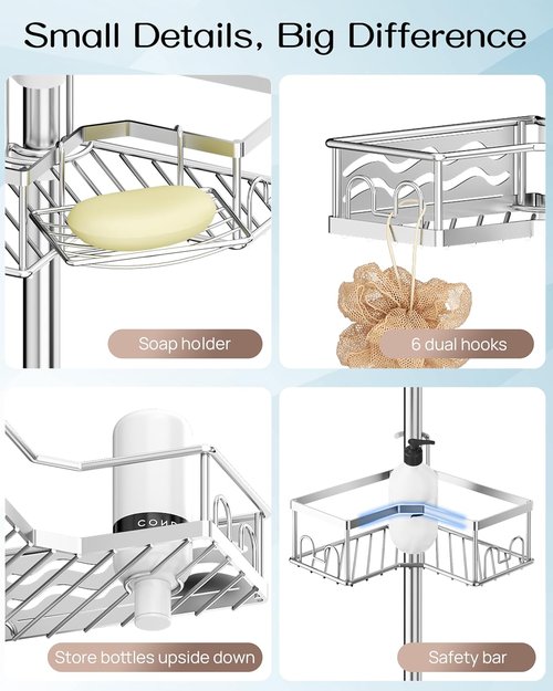 ALLZONE Corner Shower Caddy - Adjustable Tension Pole with 4 Baskets & Dual Hooks | Rust-Resistant Stainless Steel, 34-116 Inch