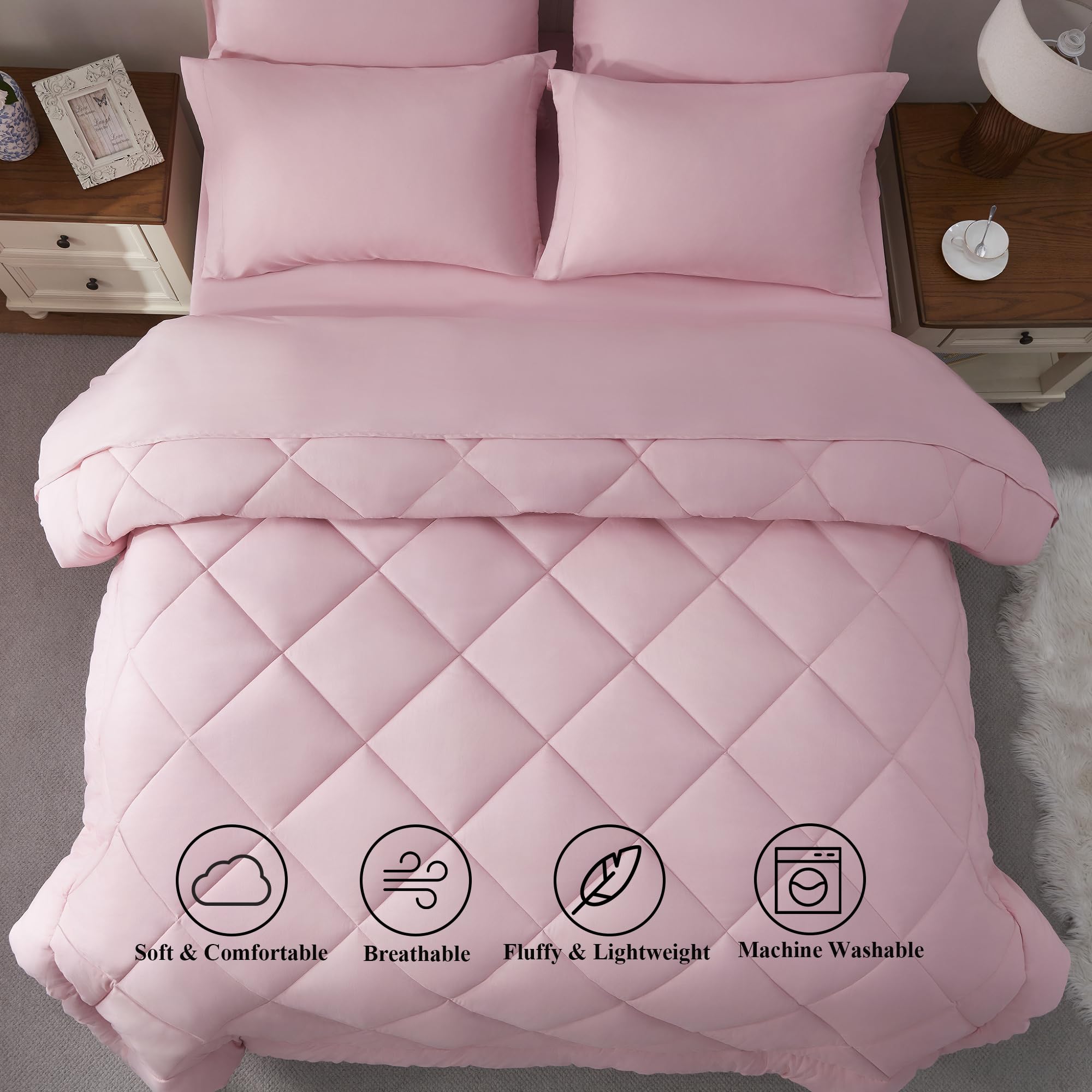 ELNIDO QUEEN® Queen Comforter Set - 7 Pieces Bed in a Bag Queen Size, Bed Set for All Seasons, Blush Pink Ultra Soft Bedding Sets with Comforter, Flat Sheet, Fitted Sheet, Pillowcases and Pillow Shams