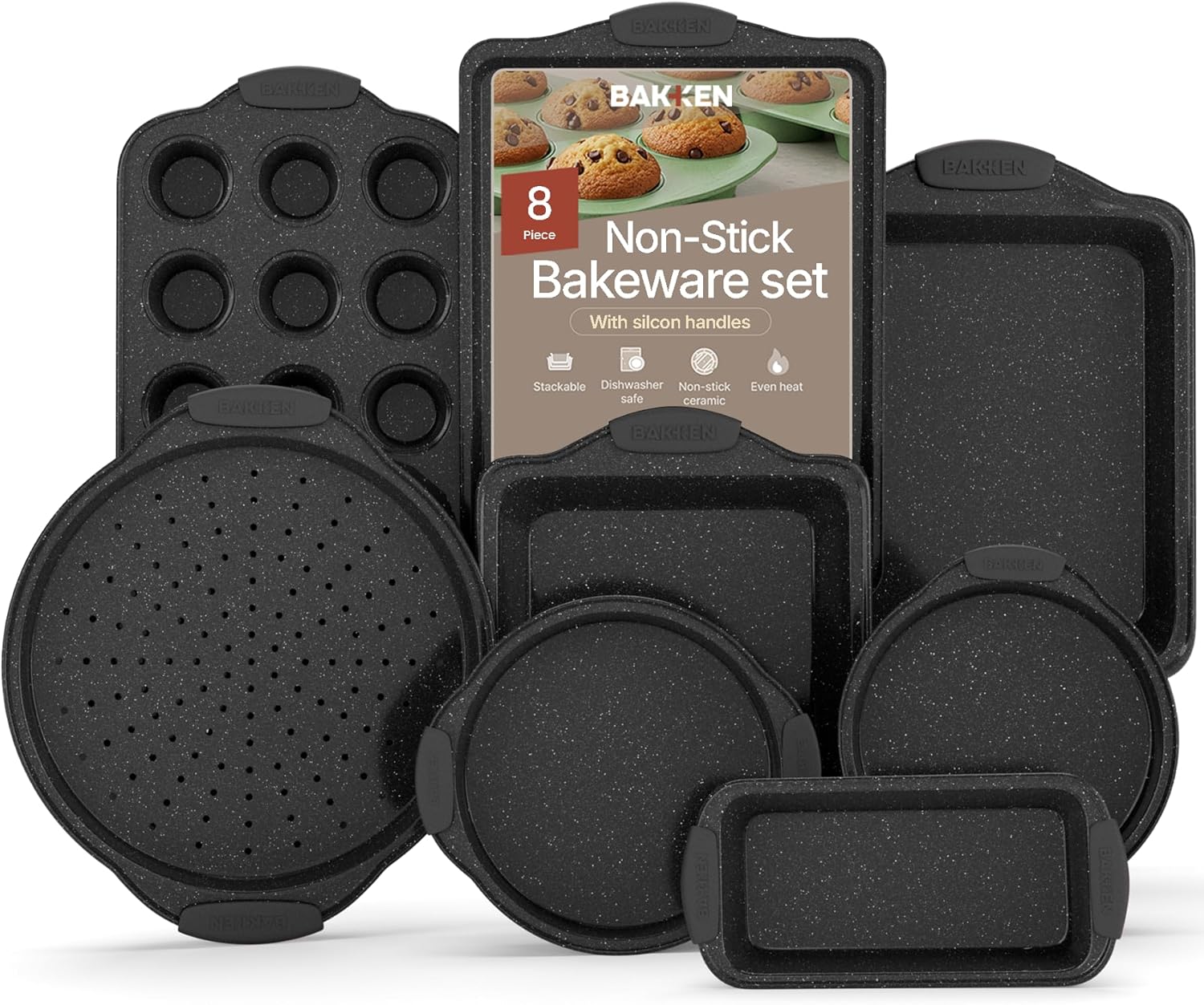 BAKKEN 8-Piece Nonstick Baking Pans Set | Professional Grade Carbon Steel with Gray Marble Coating - Oven & Dishwasher Safe