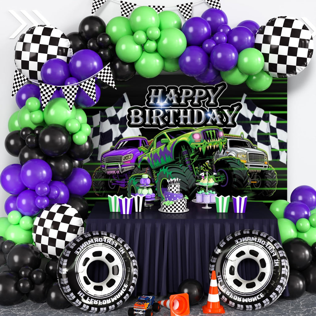 130Pcs Monster Truck Birthday Decorations for Boys Truck Theme Balloon Garland Arch Kit with Backdrop Triangle Banner Black Green Purple Wheel Foil Balloon Kids Monster Truck Party Decor Supplies