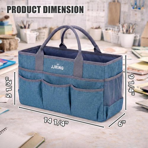 JJRING Large Art Supply Storage Tote Bag - Sturdy Craft Organizer with 2 Mesh Pockets & Elastic Front | Green, Foldable Design for Artists & Teachers