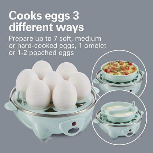 Hamilton Beach 3-in-1 Electric Egg Cooker - Hard Boiled, Poached & Omelet Maker, Holds 7 Eggs, Mint