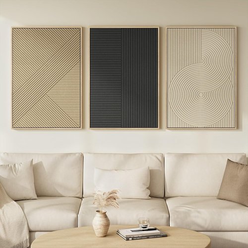 Framed 3D Textured Boho Abstract Wall Art - Large 3 Piece Modern Neutral Decor | Black & Beige Geometric Prints, 24x36 In