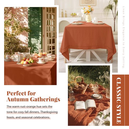 Linen World Fall Linen Tablecloth 120" x 60" Inch,French Linen Washable Rectangular Table Cloth for Dining,Outdoor,Weddings and Restaurants,Decorative Thanksgiving Christmas,Burnt Orange Hemstitch