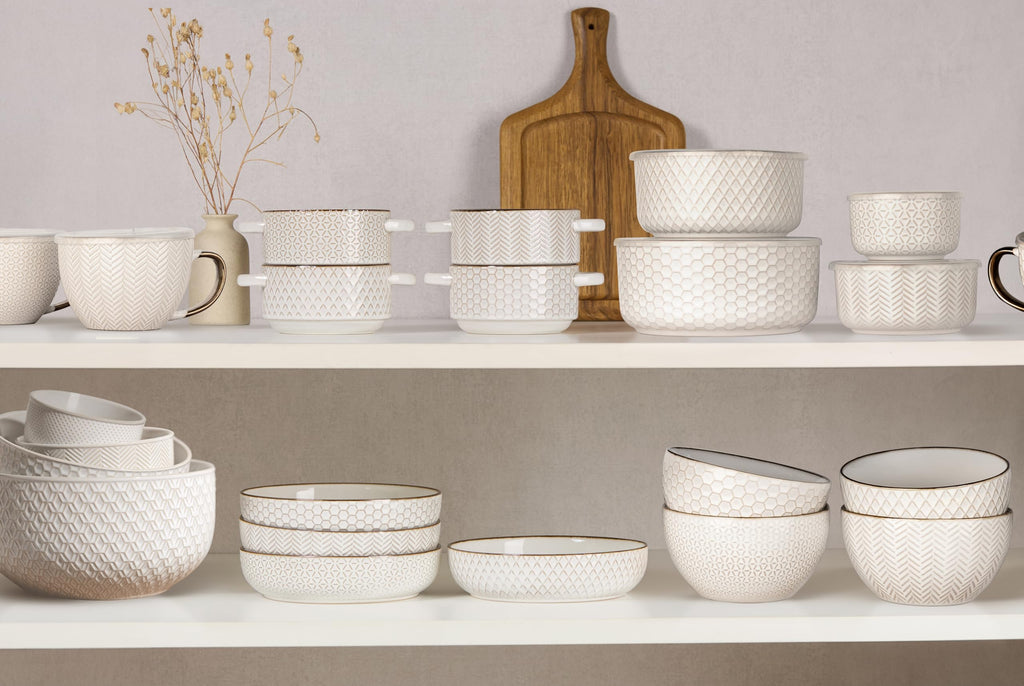 KooK Pasta Bowls, Ceramic, Embossed Serving Bowls For Stews and Salads, Large Capacity, Microwave & Dishwasher Safe, Ivory with Dark Copper Accents, Set of 4, 40 oz, Narbonne Collection