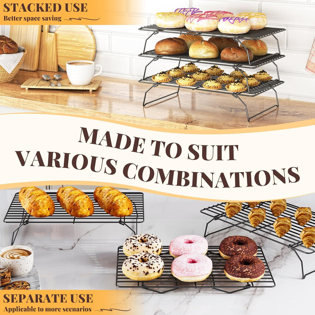 Skiennix Cooling Racks - 3-Tier Stackable Wire Baking Rack for Oven Cooking & Grilling | Dishwasher Safe - Black
