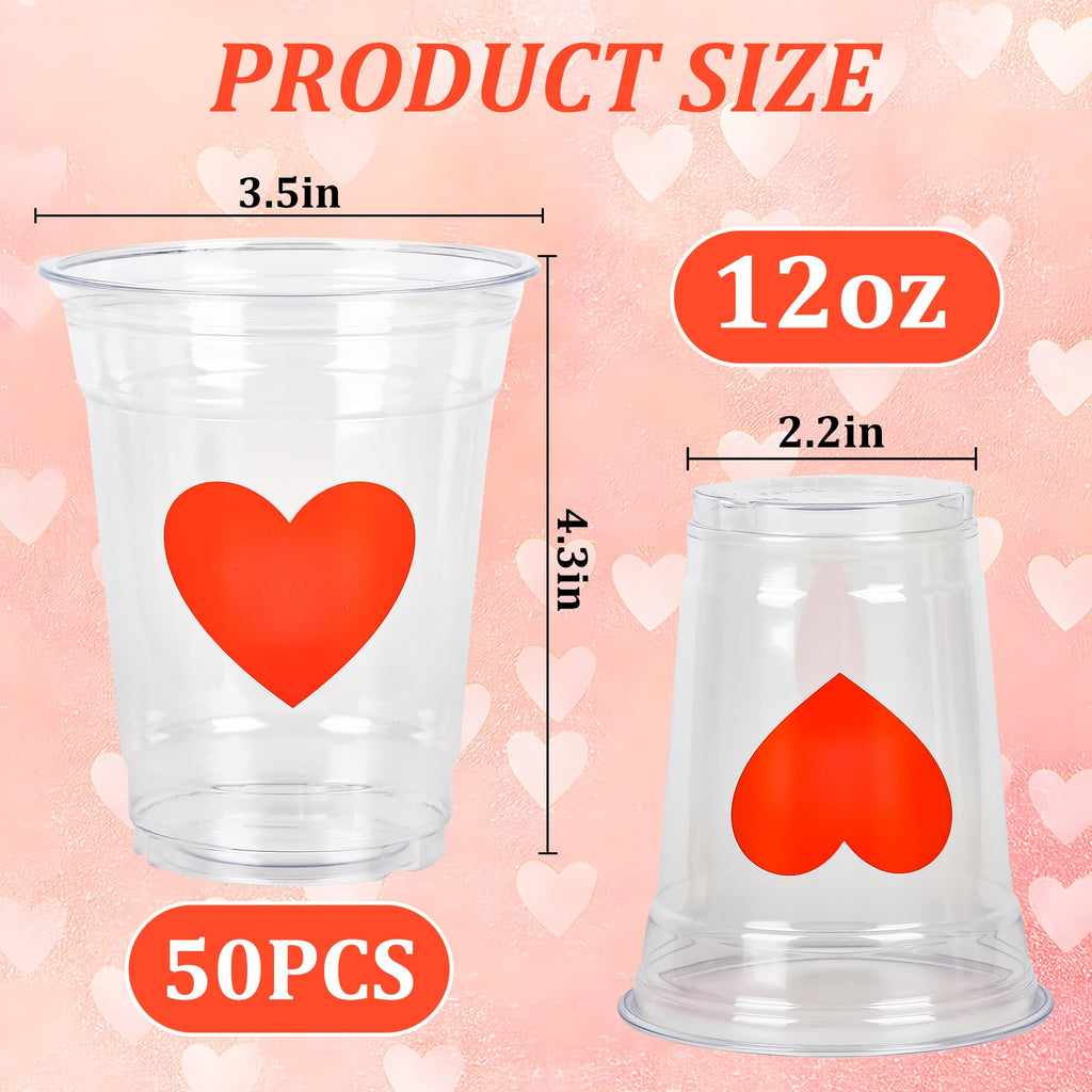 AimFun 50Pcs Valentine's Day Plastic Cups Red Heart Party Cups 12oz Clear Heart Disposable Drinking Cups for Valentines Wedding Galentine's Day Anniversary Party Supplies
