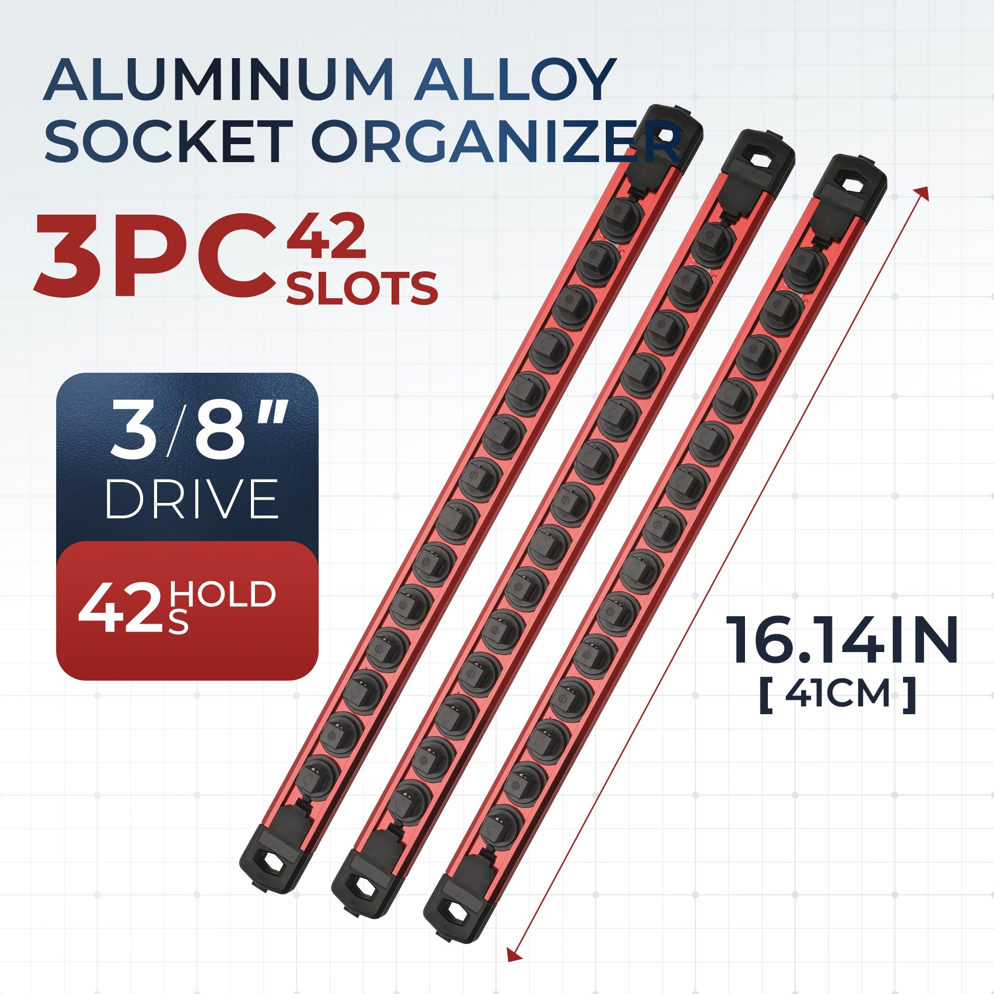 Reniteco Magnetic Socket Organizer Set, 3PC 3/8-Inch Drive Aluminum Alloy Socket Rail, Heavy Duty Magnetic Socket Holder for Tool Box Drawer, 360° Swivel Socket Rack, 3/8" x 42 Clips, Red