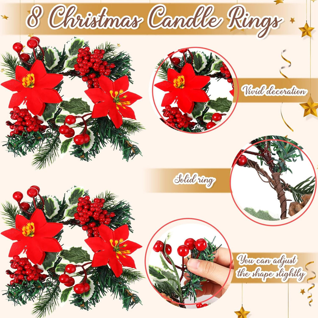 Yilloog Mini Christmas Candle Rings - 8 Sets of Berry & Pinecone Wreaths for Festive Decor | Classic Red Poinsettia