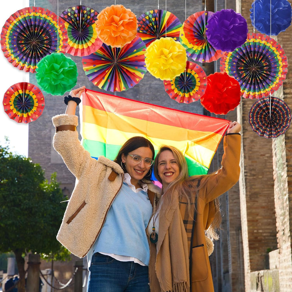 Outus Rainbow Love Heart Paper Fans - 21 Pcs Gay Pride Decorations for LGBT Celebrations