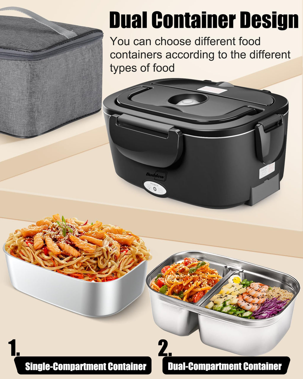 Buddew Electric Lunch Box for Adults, 80W Heated Lunch Box with Dual 1.5L Stainless Steel Portable Food Warmer,12/24/110V Lonchera Electrica Portatil for Travel&Work, Loncheras para Hombres de Trabajo