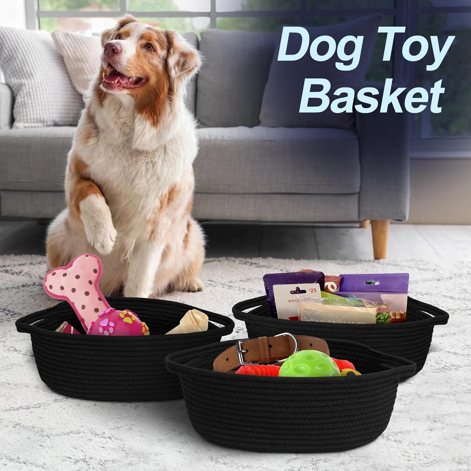 MEGASKET Black Woven Basket - Soft Cotton Rope Dog Toy Storage | 13” x 9” x 5” Decorative Organizer
