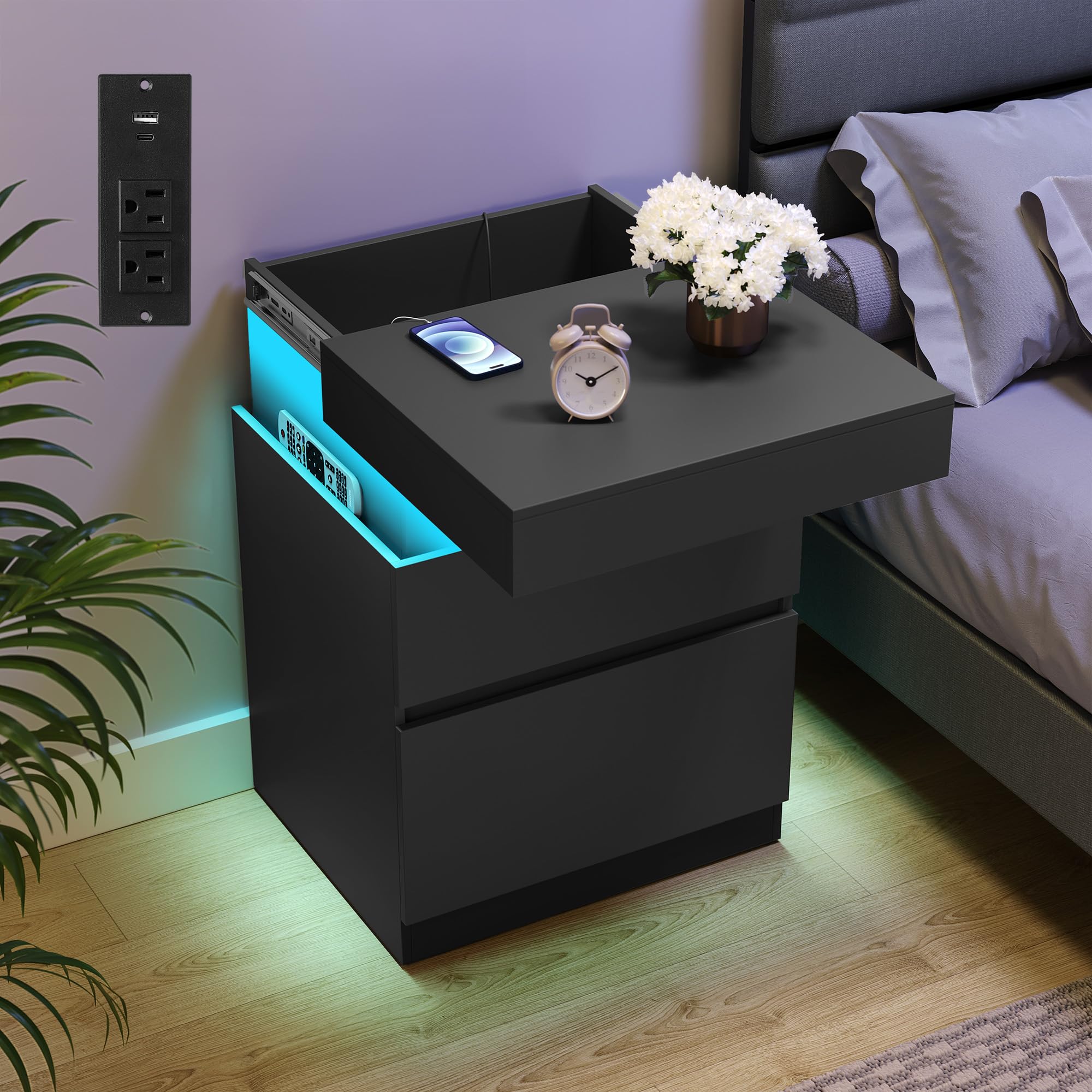VASAGLE Kailyn Collection - Nightstand with Power Outlets, Sliding Lid, Modern Bedside Table with LED Lights, End Table, 2 Drawers, 15.7 x 18.9 x 26.8 Inches, Ink Black ULET650BC01S