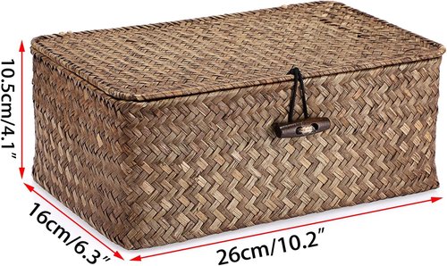 Hipiwe Wicker Shelf Baskets - Handwoven Seagrass Storage Bins with Lid | Rectangular Home Organizer, Coffee Small