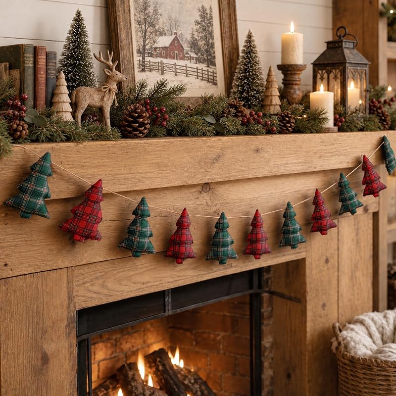Christmas Garland Banner with Red & Green Plaid Trees for Mantle - Farmhouse Decor