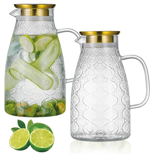 Buaic Glass Pitcher with Lid and Handle, 2 PACK 68 oz/2 Liter Vintage Flower Design Fridge Water Pitcher, Borosilicate Glass Water Carafe for Hot/Cold Water,Coffee,Iced Sun Tea,Heat Resistant