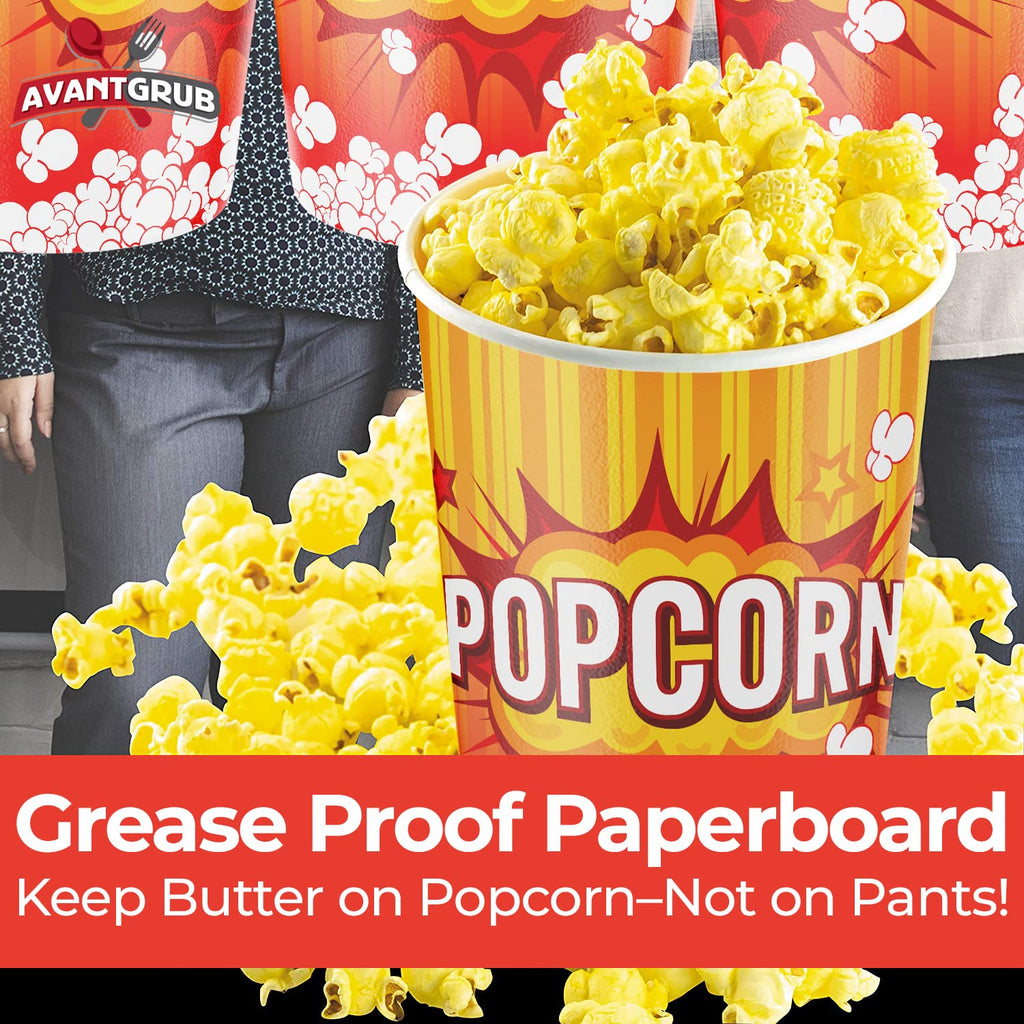 Leakproof, Super Durable 32oz Popcorn Cups 100 Pack. Grease-Proof Disposable Pop Corn Tubs With Cool Design Are the Ultimate Movie Theater Accessory. Large Containers Great for Any Party or Event