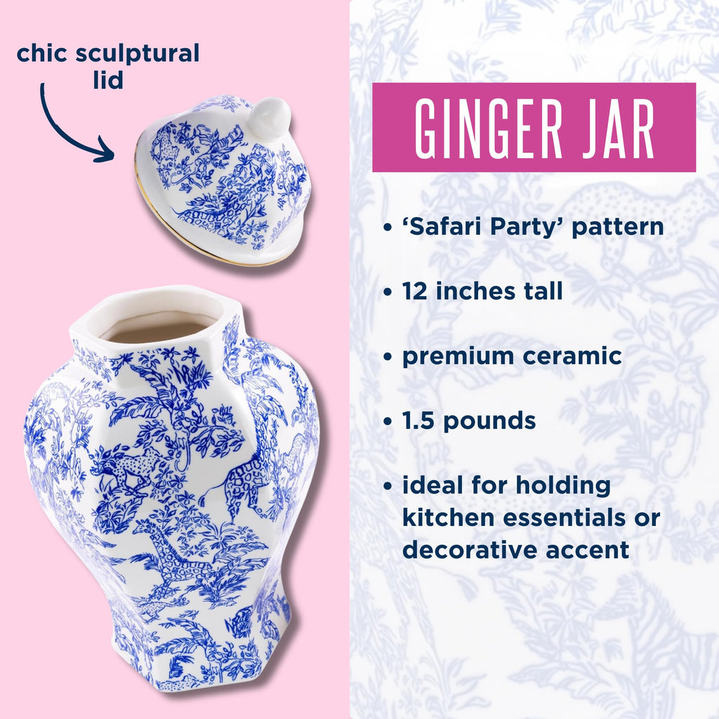 Lilly Pulitzer Ginger Jar with Lid, 12" Tall Blue and White Decor, Chinoiserie Vase/Decorative Jar for Home Decor, Sarfari Party
