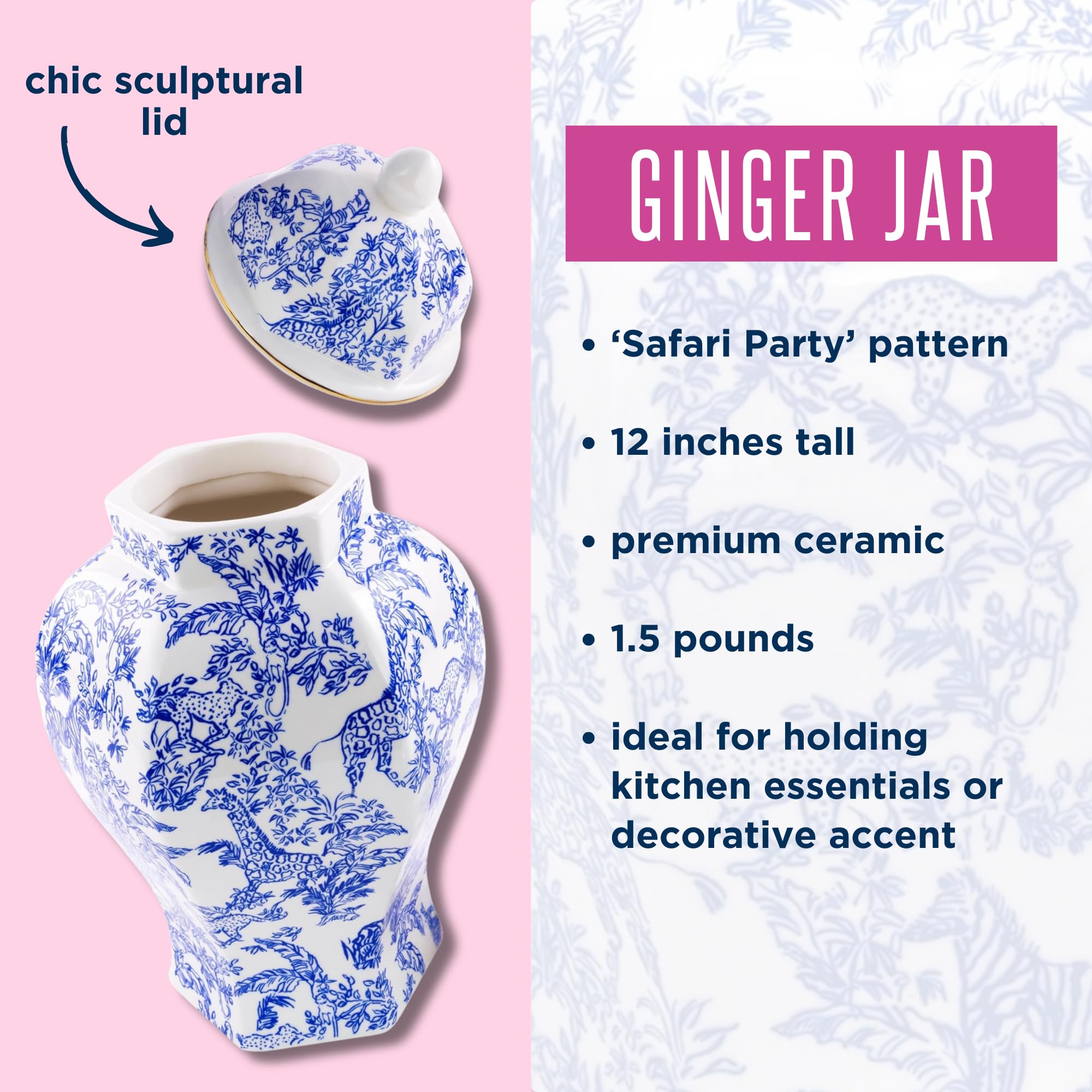Lilly Pulitzer Ginger Jar with Lid, 12" Tall Blue and White Decor, Chinoiserie Vase/Decorative Jar for Home Decor, Sarfari Party