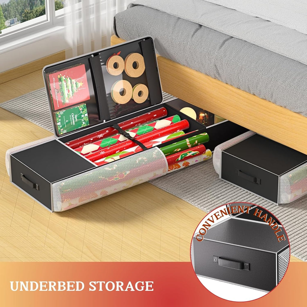 Ofiray Home 2-in-1 Wrapping Paper Organizer - Over Door or Under Bed Storage with Removable Drawer & 4 Clear Pockets for Ribbons and Bows