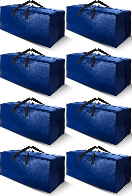 Cosy Family Extra Large Moving Bags - 8 Pack with Backpack Straps, Strong Handles & Zippers for Space Saving (Blue)
