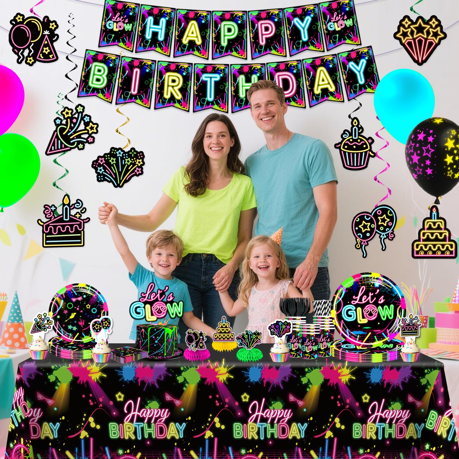 wellspar 205pcs Neon Birthday Party Decorations-Serves 25, All-in-one Glow Party Decorations with 350gsm Plate, Cake Topper, Tablecloth, Centerpiece, Banner, Hanging Swirls, Balloon