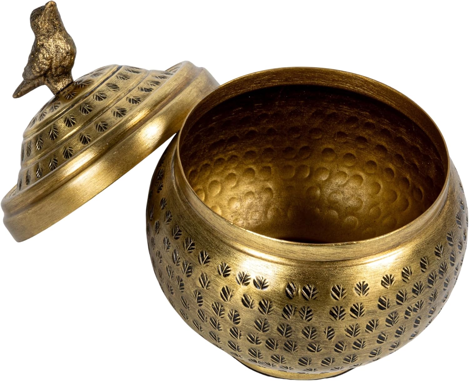 Round Hammered Metal Container - Bird Finial Design in Elegant Brass Finish
