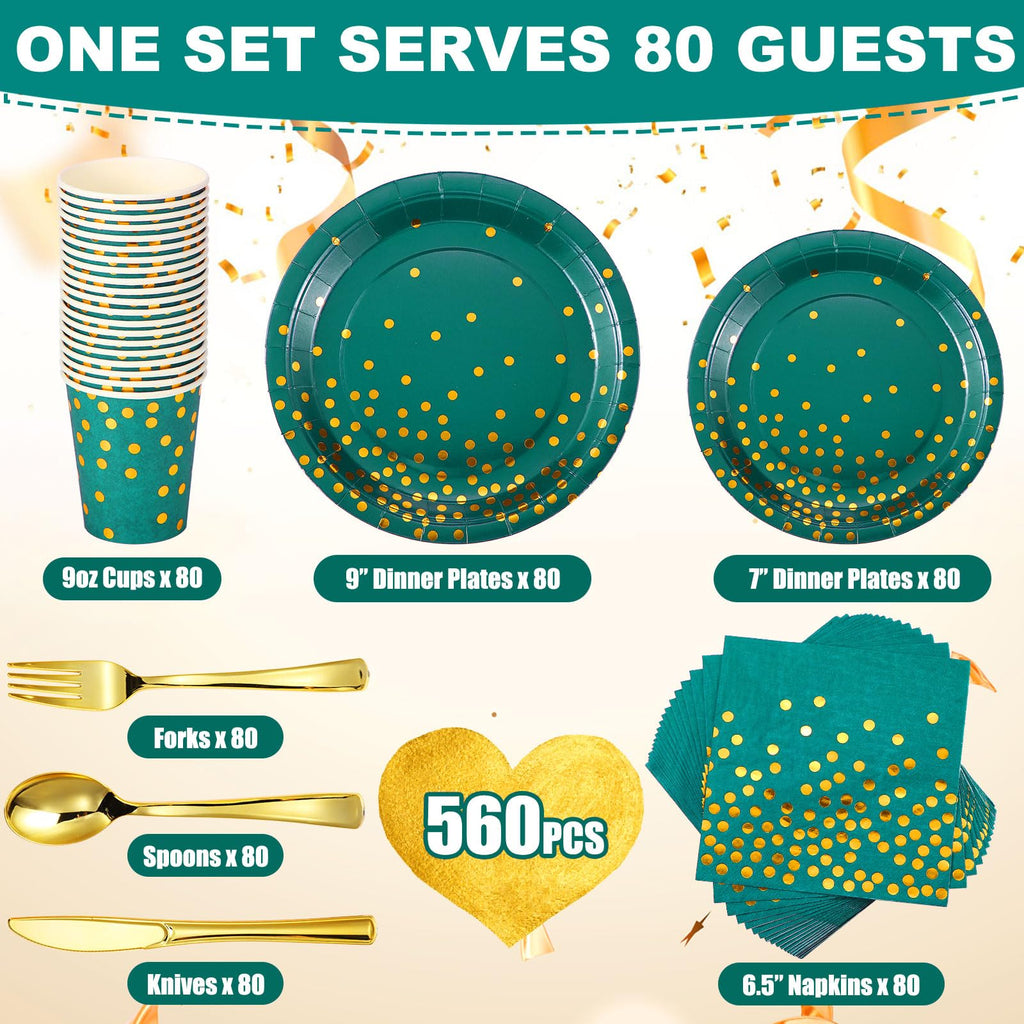 Sieral 560 Pcs Dark Green and Gold Party Supplies for 80 Guests Disposable Dinnerware Sets Green Paper Plates Napkin Cups Gold Plastic Fork Knives Spoons for Wedding Graduation Birthday Party