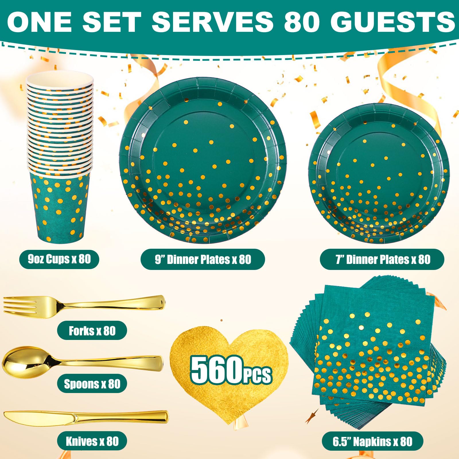 Sieral 560 Pcs Dark Green and Gold Party Supplies for 80 Guests Disposable Dinnerware Sets Green Paper Plates Napkin Cups Gold Plastic Fork Knives Spoons for Wedding Graduation Birthday Party
