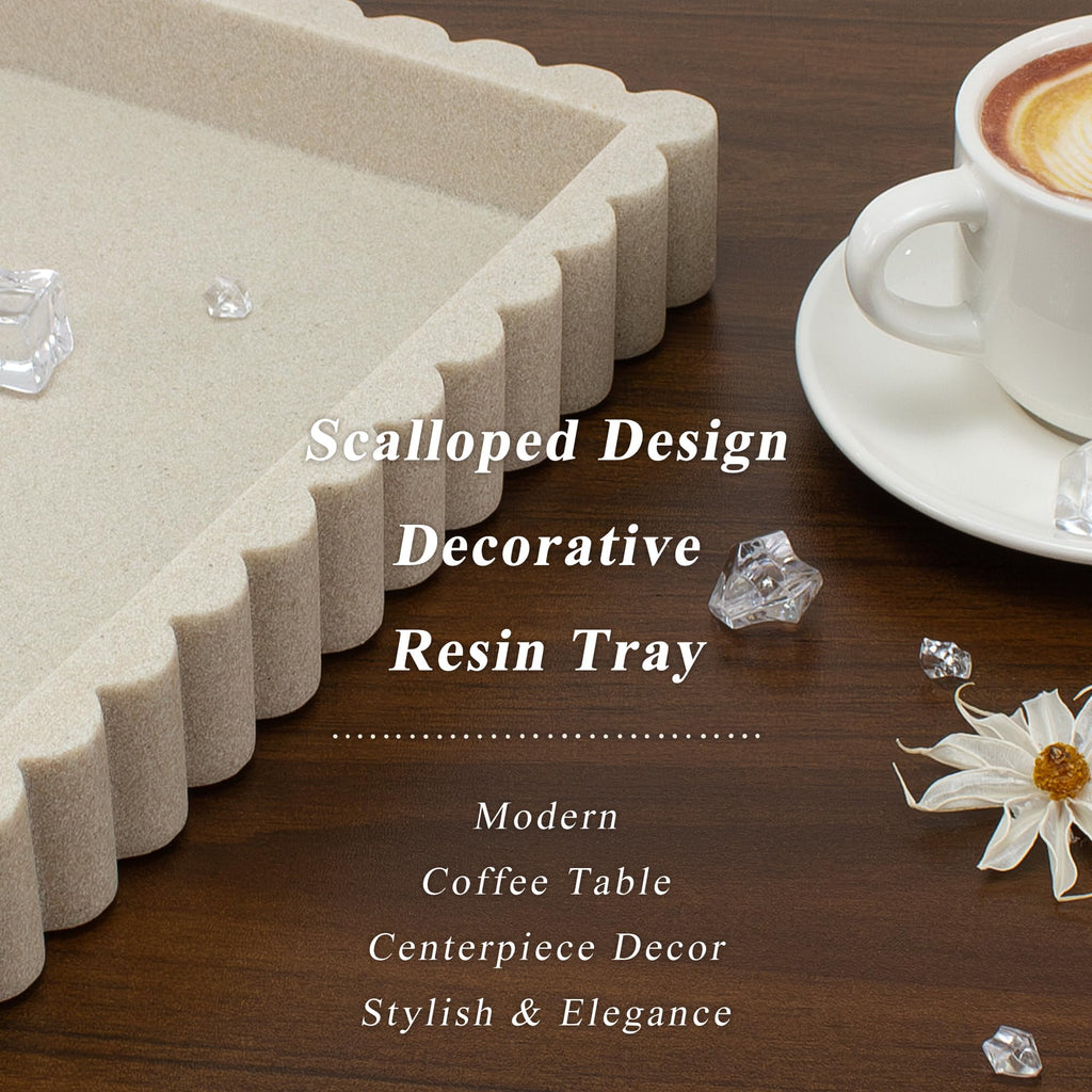 YMXYJM-Scalloped Coffee Table Tray，Ottoman Tray for Modern Home Decor. 14" Decorative Tray for Entryway Table Decor, Living Room Table Decor, Coffee Table Centerpiece - Beige Resin