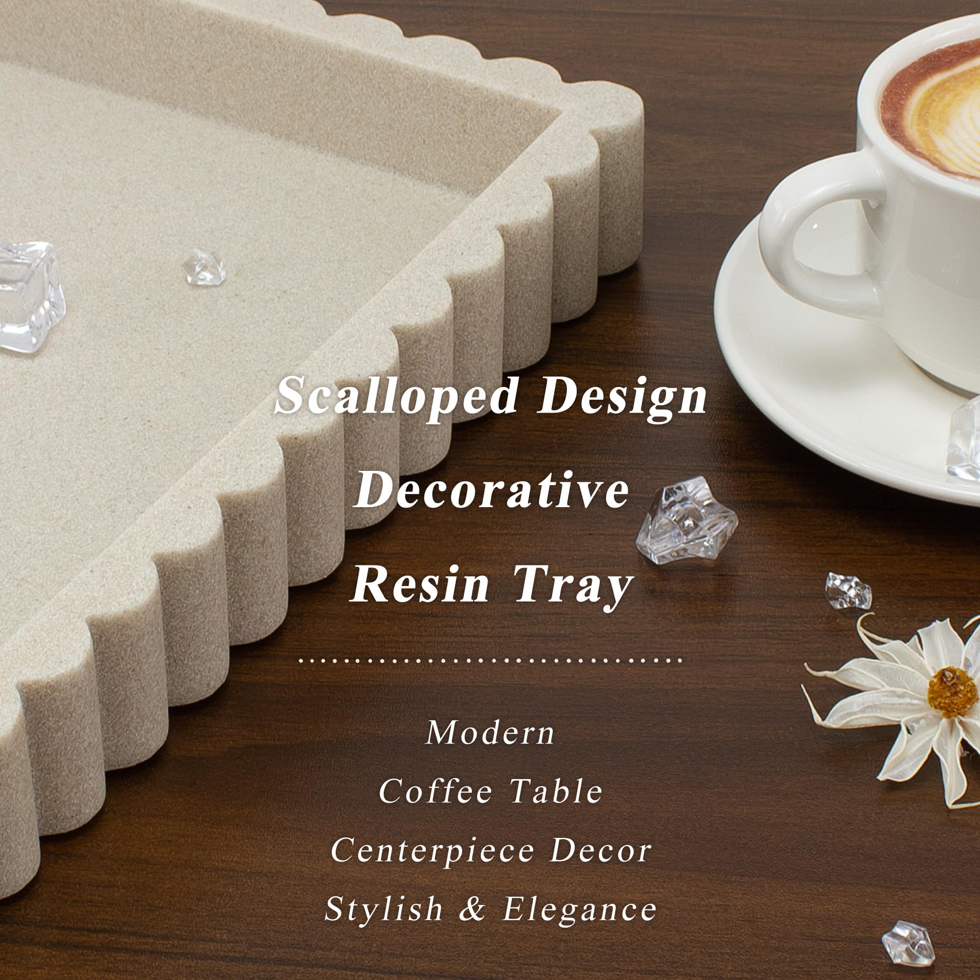 YMXYJM-Scalloped Coffee Table Tray，Ottoman Tray for Modern Home Decor. 14" Decorative Tray for Entryway Table Decor, Living Room Table Decor, Coffee Table Centerpiece - Beige Resin