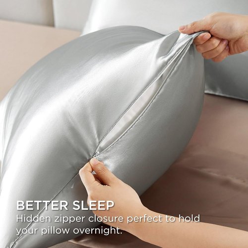 Bedsure Satin Pillowcases - Silky Soft Zippered Pillow Covers for Hair & Skin | Grey Queen Size Set of 2 (20x30 Inches)