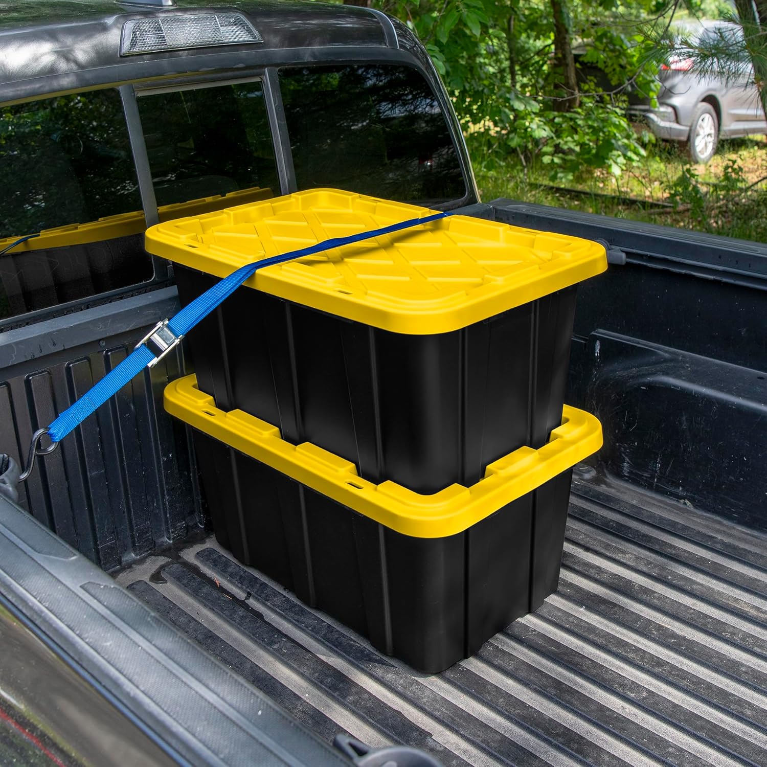 Sterilite 17 Gal Industrial Tote - Stackable Storage Bin with Snap-Fit Lid | Black Base & Yellow Lily Lid, 6-Pack