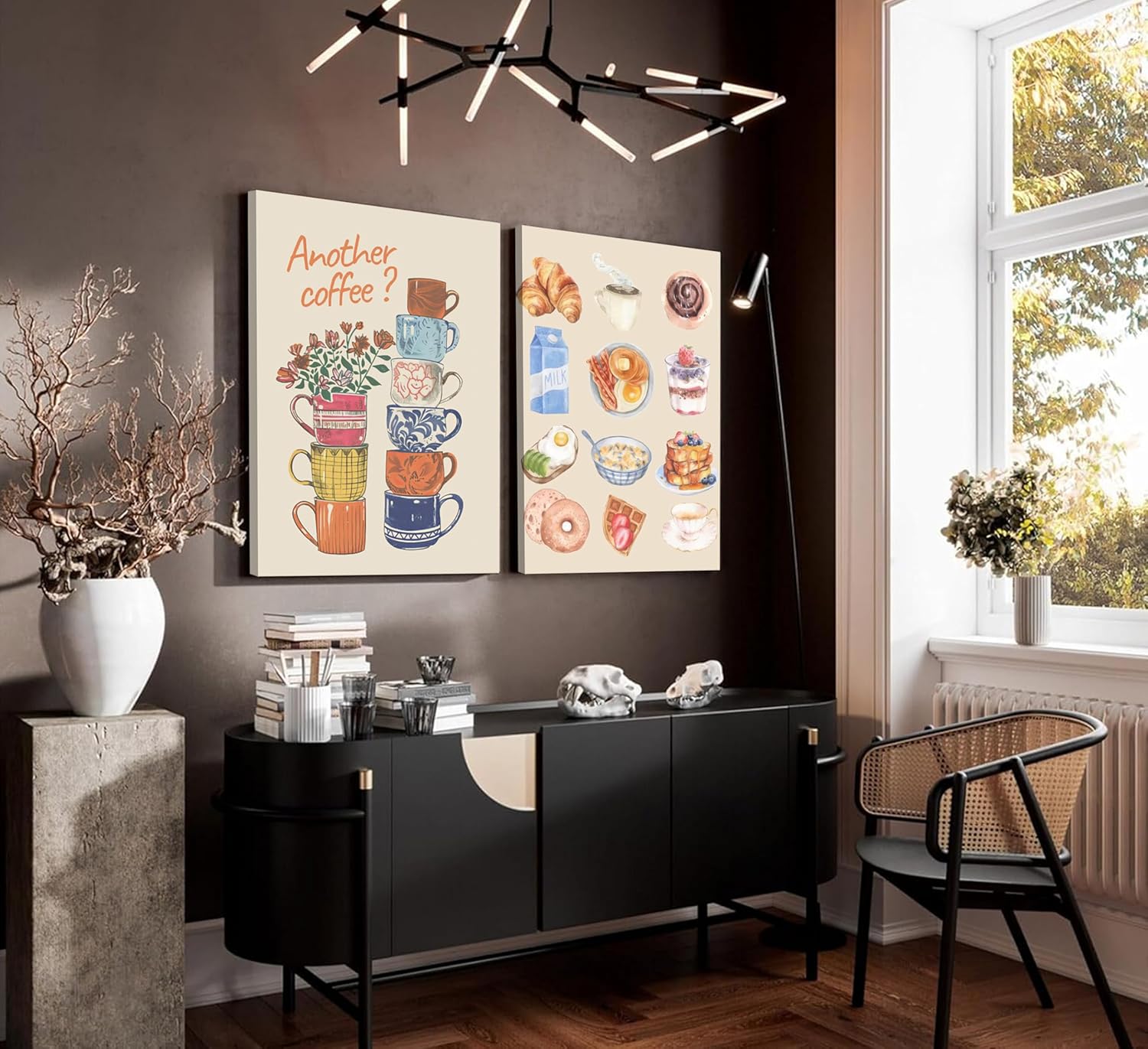 Skiennix Modern Coffee Canvas Wall Art - Colorful Croissant & Flower Poster Print for Dining Room Decor