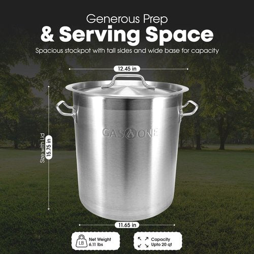 GasOne Stainless Steel Stockpot – 20qt Stock Pot with Lid and Capsule Tri-Ply Bottom – Heavy-Duty Cooking Pot for Beer Brewing, Soup, Seafood Boil – Reinforced Rim Stainless Steel Soup Pot