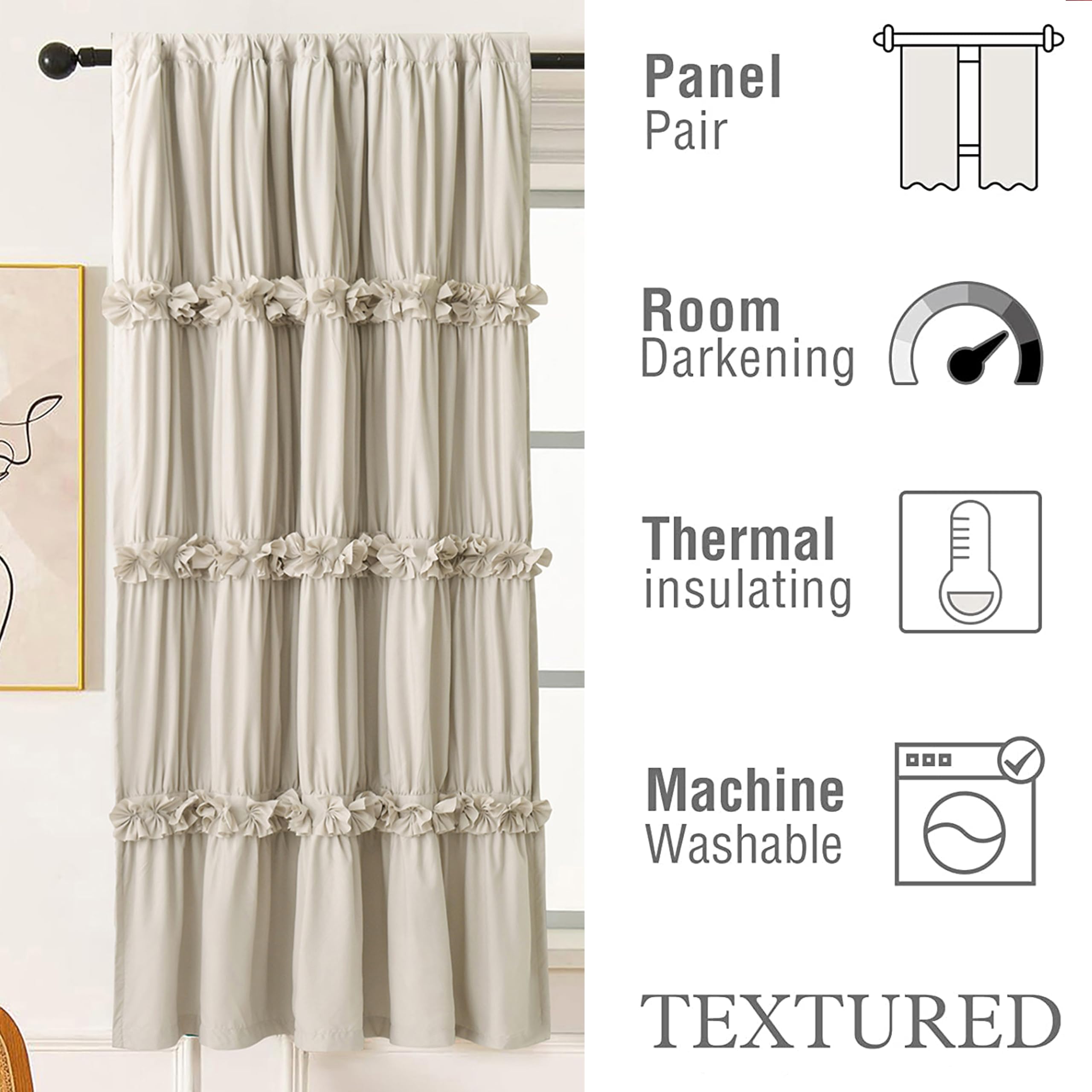 Homechoice Decor Thermal Insulated Blackout Window Curtains, 42" W x 63" L (Pair), Boho Ruched Window Treatments with 3 Rows of Butterfly Flowers, Rustic Rod Pocket Drapes for Room, Camel (LQ-30)