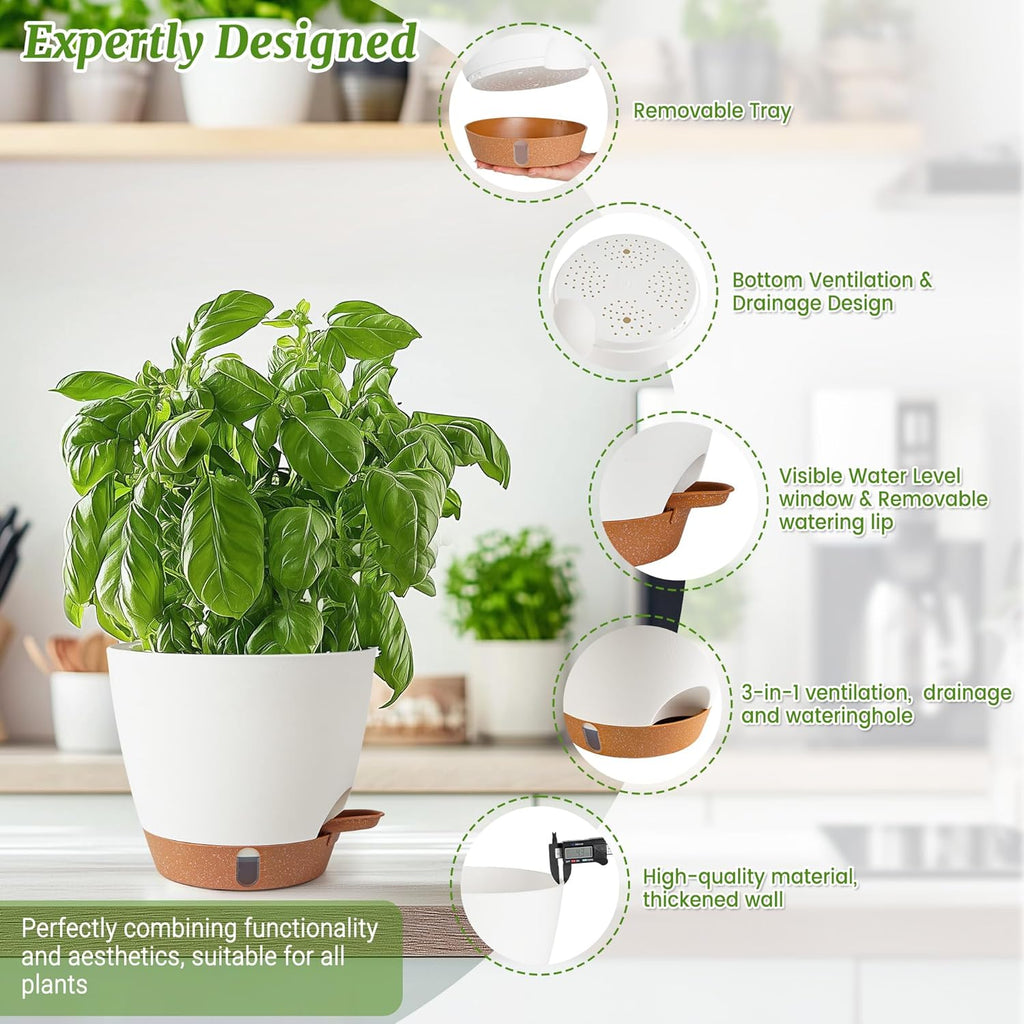 Skiennix 8-Inch Self-Watering Plant Pots - Durable Plastic with Drainage Holes & Water Level Indicator | White (2 Pack)