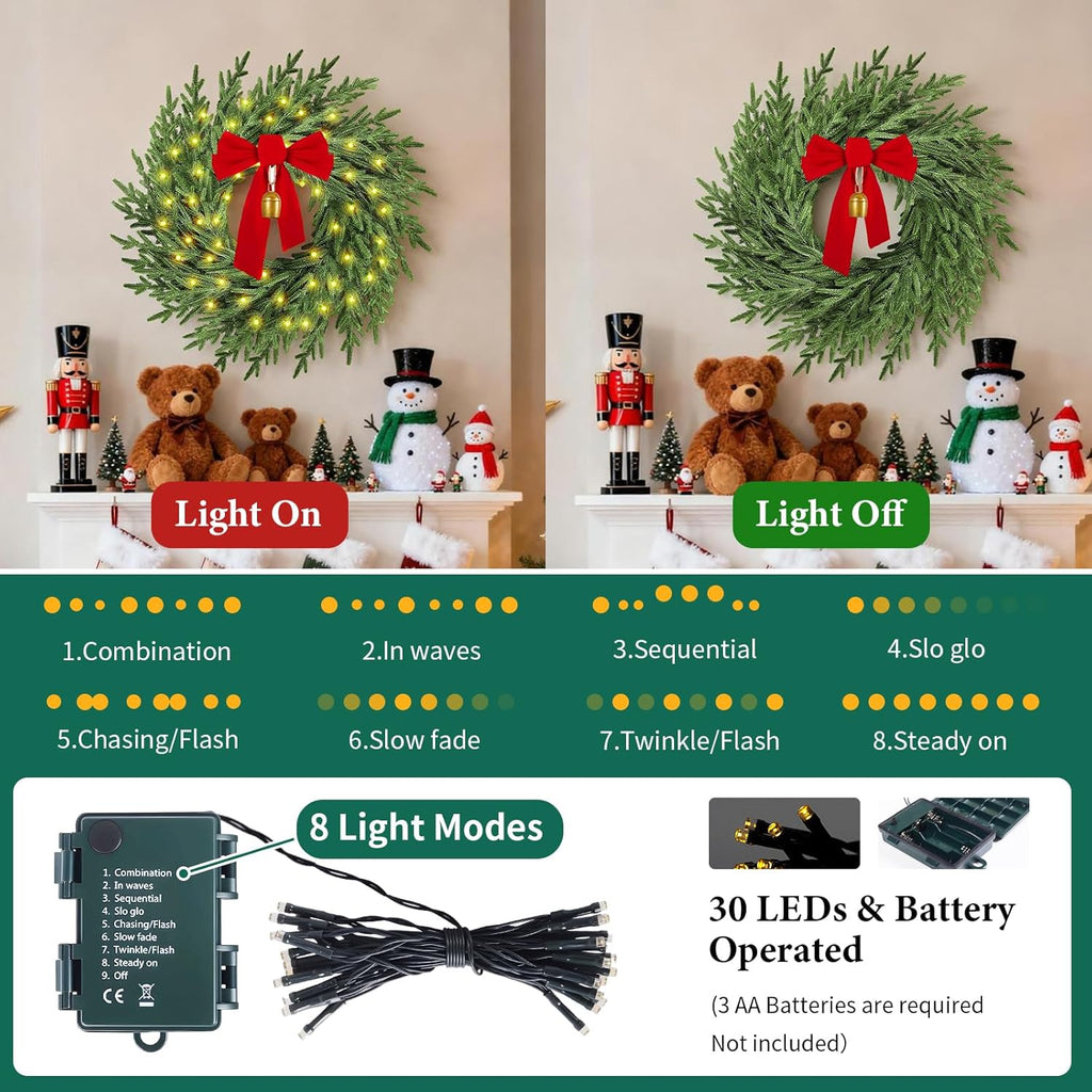 Regine Switzerland Christmas Wreath - 26" Real Touch Pine with Lights, Bow & Bell | Festive Indoor/Outdoor Decor