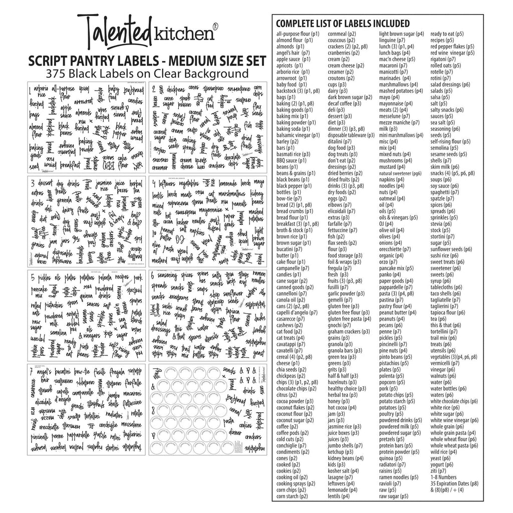 Talented Kitchen Pantry Labels for Containers - 375 PC Clear Vinyl Black Script - Peel & Stick Food Container Labels & Kitchen Pantry Organization Stickers
