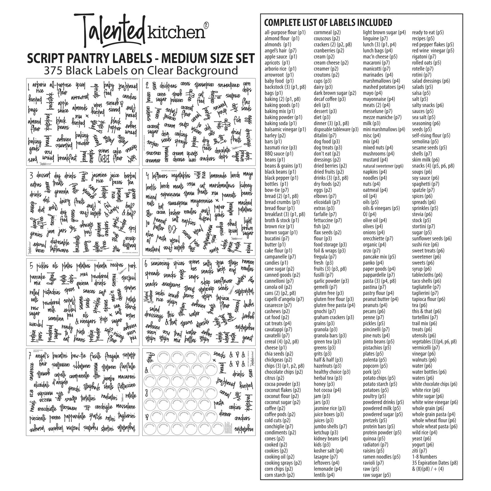 Talented Kitchen Pantry Labels for Containers - 375 PC Clear Vinyl Black Script - Peel & Stick Food Container Labels & Kitchen Pantry Organization Stickers